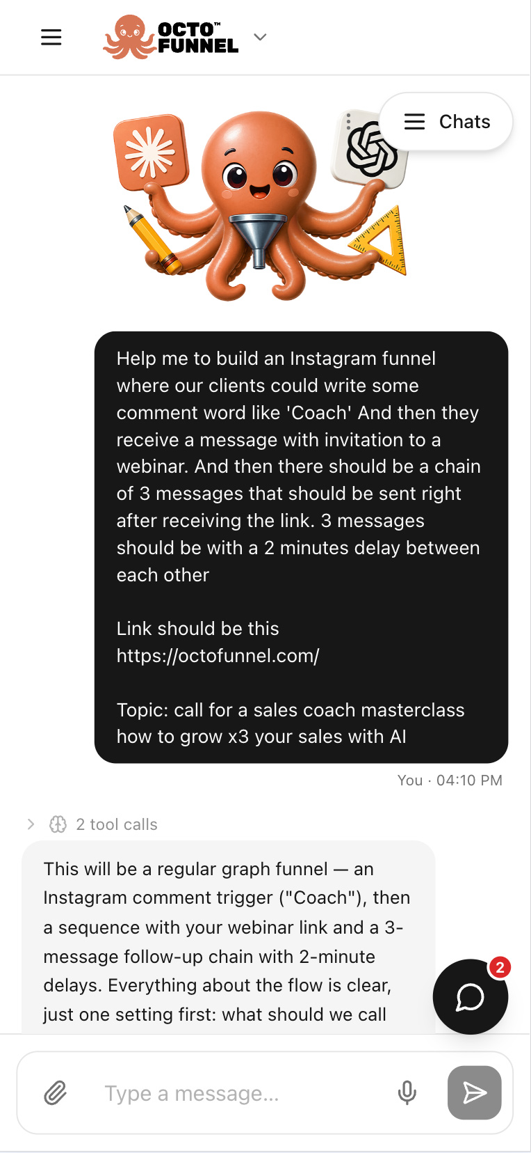 OctoFunnel mobile AI chat with a request to build an Instagram funnel and the agent's response