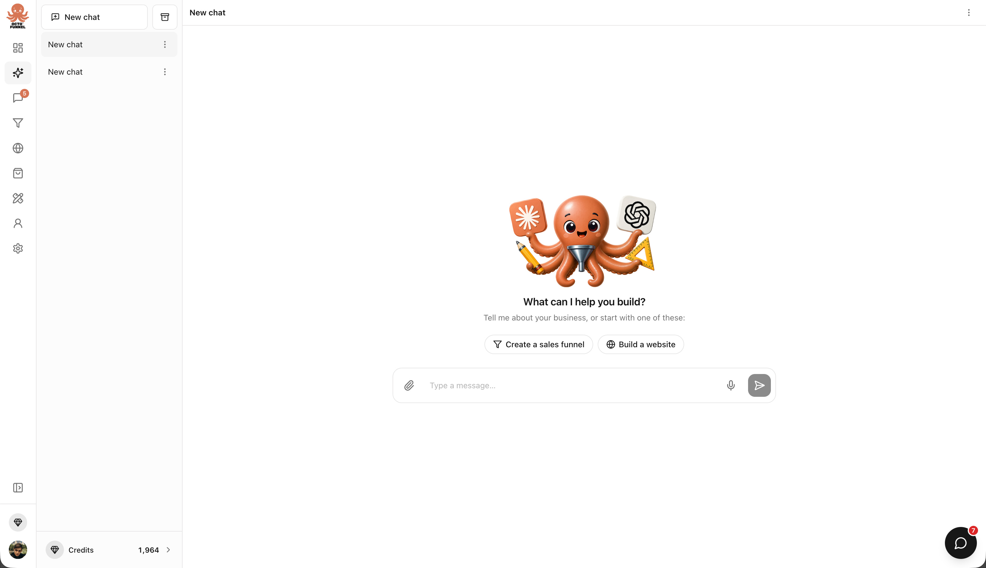 OctoFunnel AI chat workspace with options to create a sales funnel or build a website